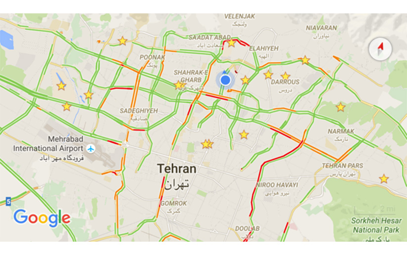 وضعیت لحظه‌ای ترافیک تهران روی نقشه‌ی گوگل